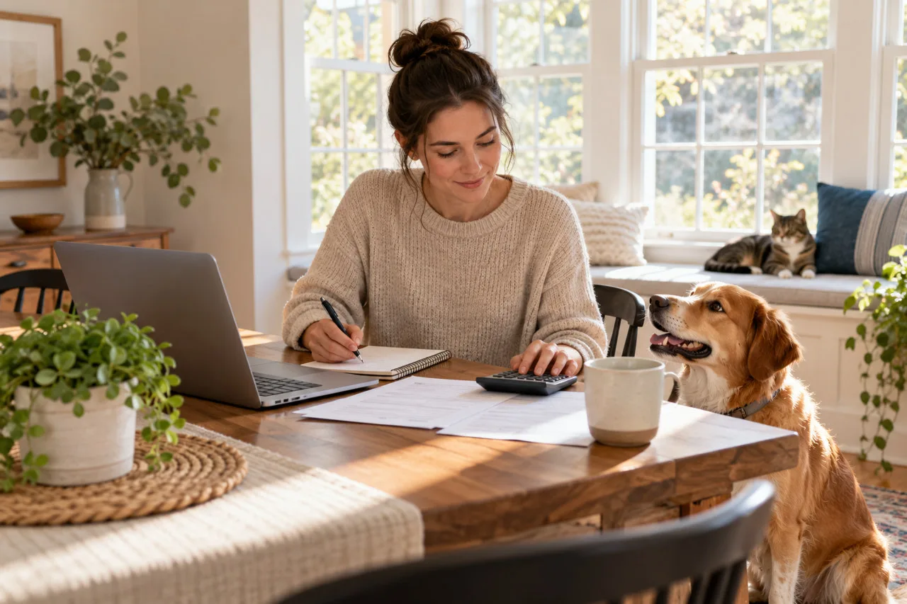 Owner examining papers at a table with a dog nearby