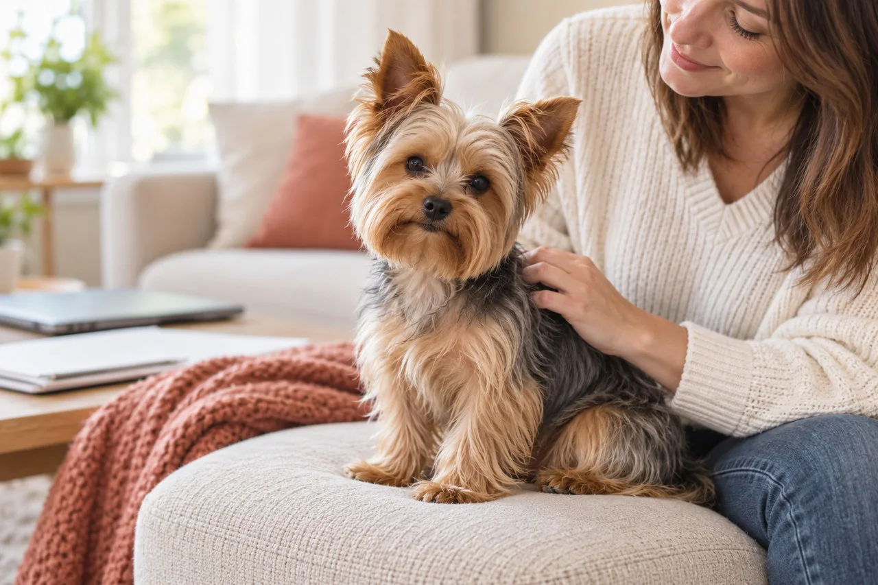 Owner seated with a small Yorkshire Terrier on her lap